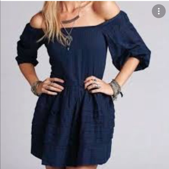 Free People Dresses & Skirts - FREE PEOPLE CANDY SHOP OFF-THE-SHOULDER LACE TRIM DRESS MIDNIGHT BLUE